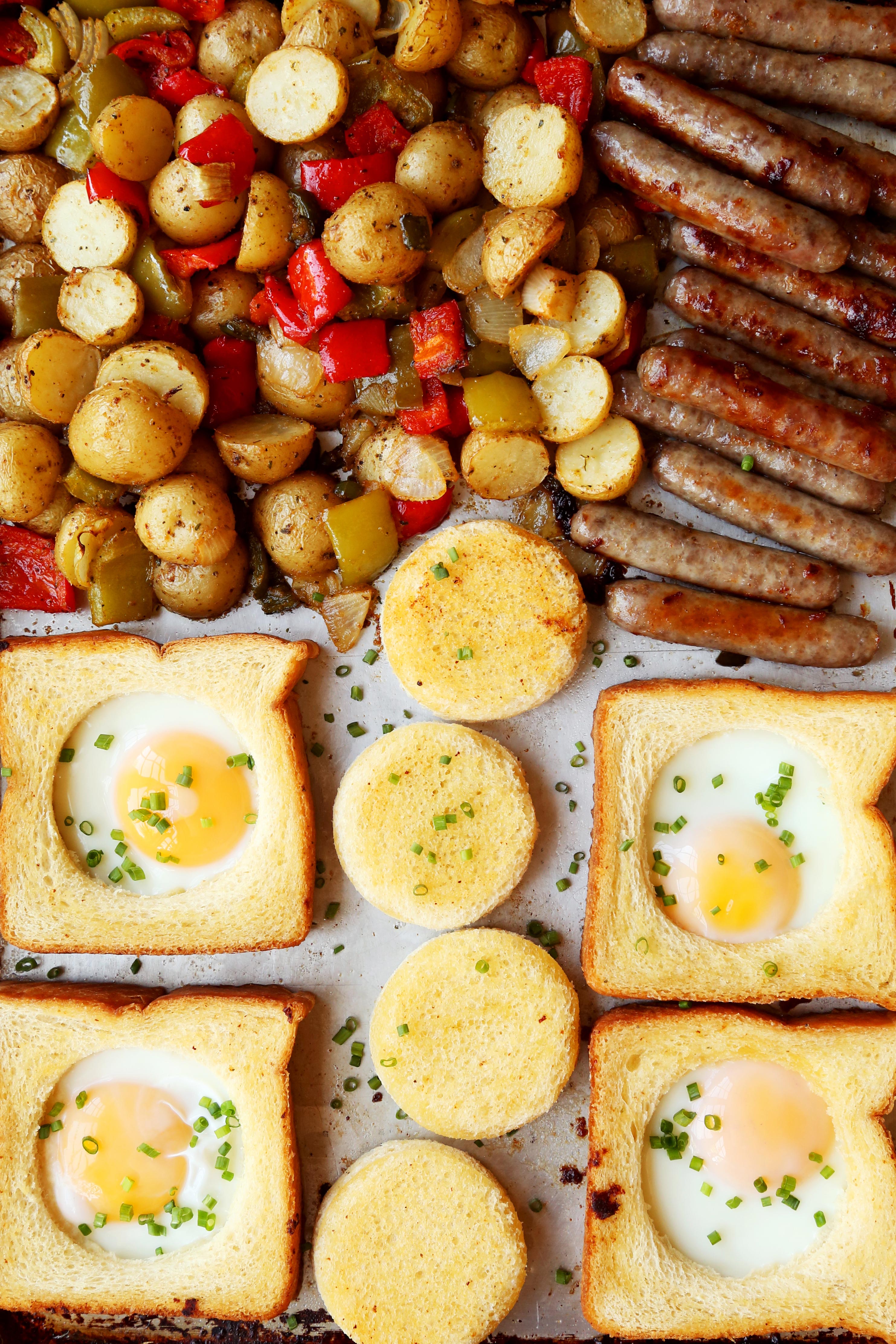 Sheet Pan Egg in a Hole with Sausage and Breakfast Potatoes