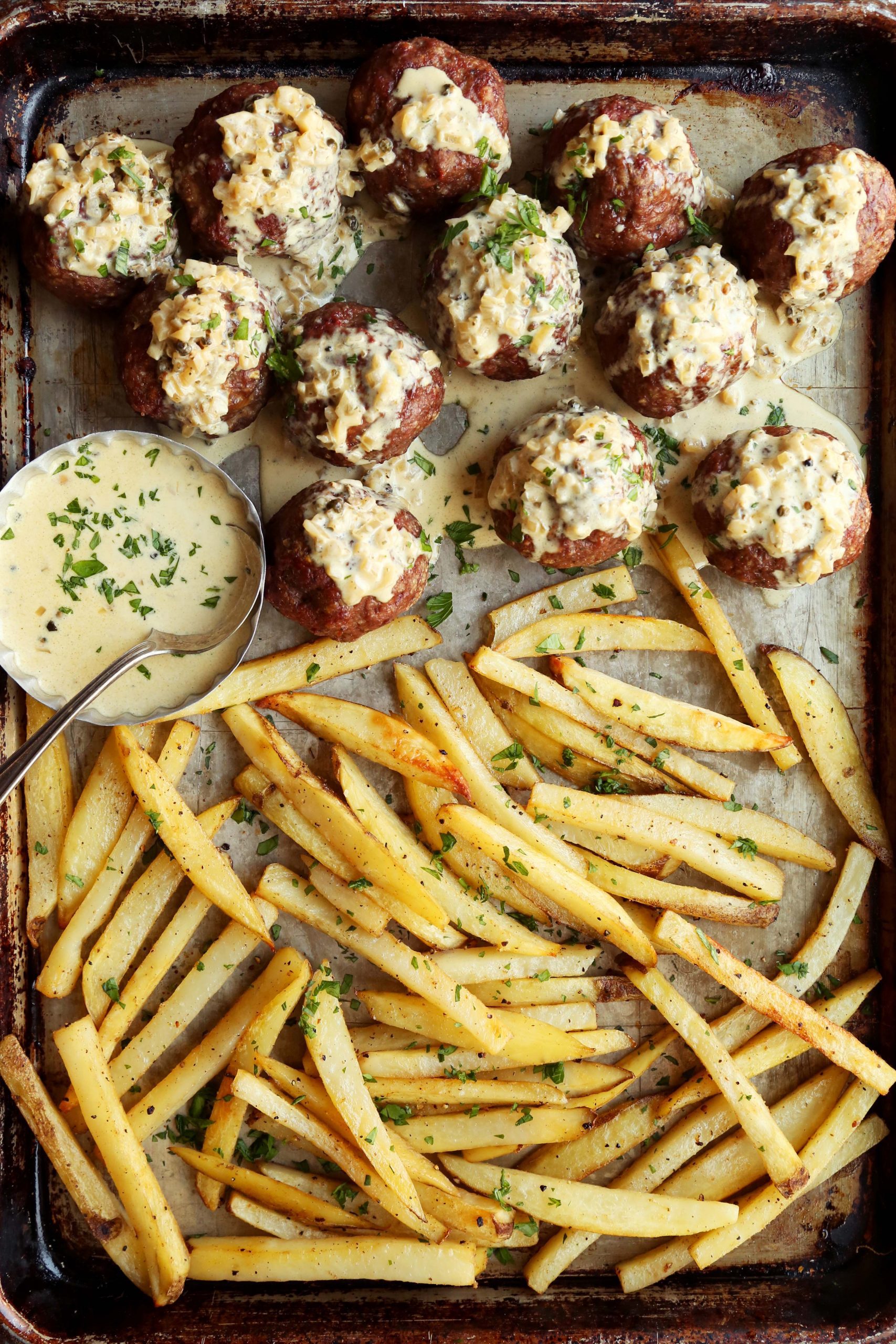 Sheet Pan Meatball Steak Frites