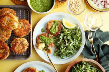 Potato and Ham Cakes with Arugula Pesto